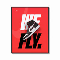 Framed Nike Air Jordan 1 We Fly print shown as a bold statement piece on a clean gallery wall
