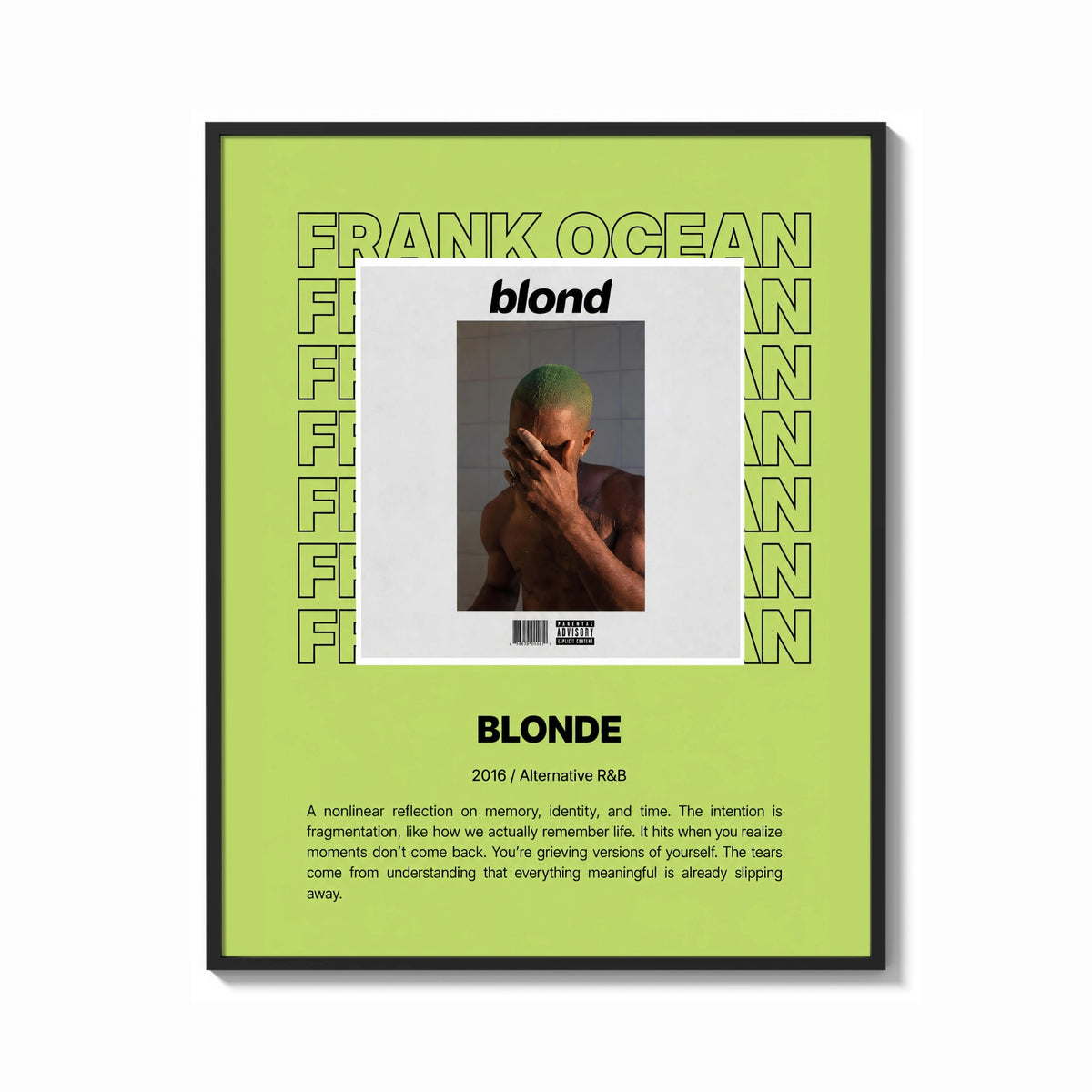 Framed Frank Ocean Blonde Album Cover print shown as a bold statement piece on a clean gallery wall