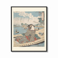 Framed Kuniyoshi Water Scene with Boat print shown as a bold statement piece on a clean gallery wall