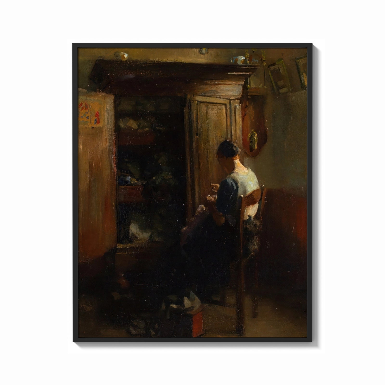 Framed woman sewing by a cottage doorway with chickens vintage art print print shown as a bold statement piece on a clean…