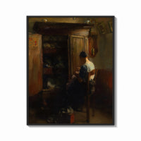 Framed woman sewing by a cottage doorway with chickens vintage art print print shown as a bold statement piece on a clean…