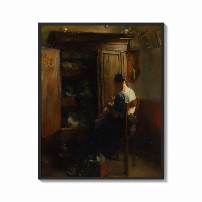Framed woman sewing by a cottage doorway with chickens vintage art print print shown as a bold statement piece on a clean…