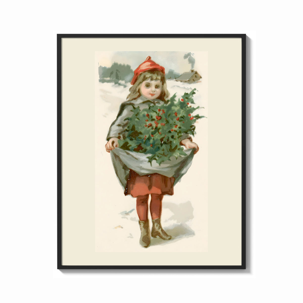 Framed Louis Prang Little Girl with Holly print shown as a bold statement piece on a clean gallery wall