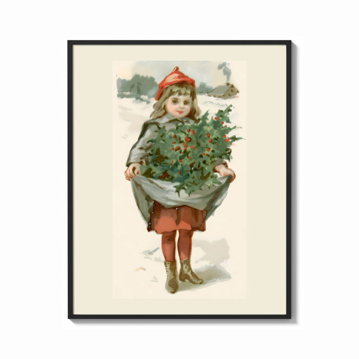 Framed Louis Prang Little Girl with Holly print shown as a bold statement piece on a clean gallery wall