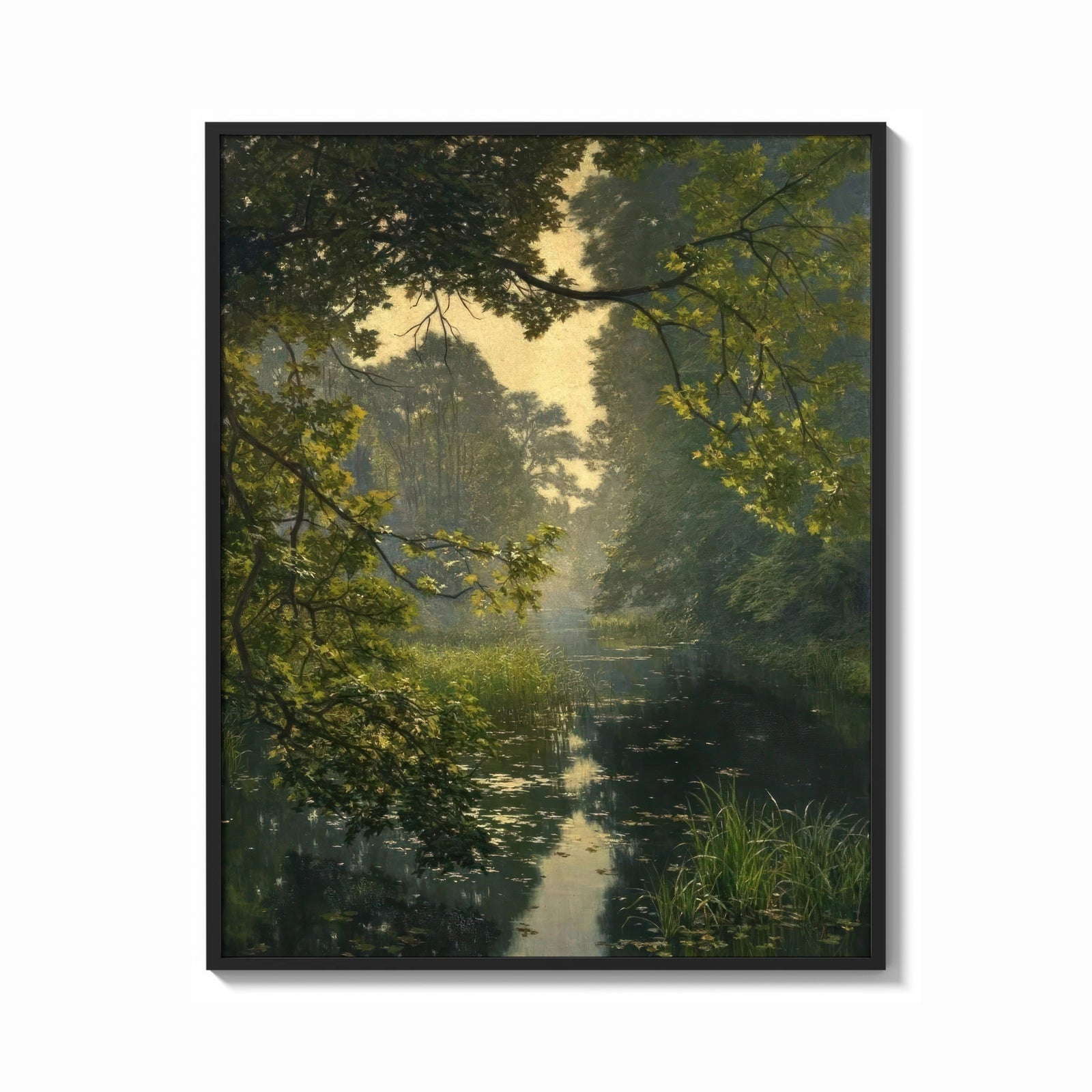 Framed forest pond framed by overhanging branches vintage art print print shown as a bold statement piece on a clean…