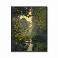 Framed forest pond framed by overhanging branches vintage art print print shown as a bold statement piece on a clean…