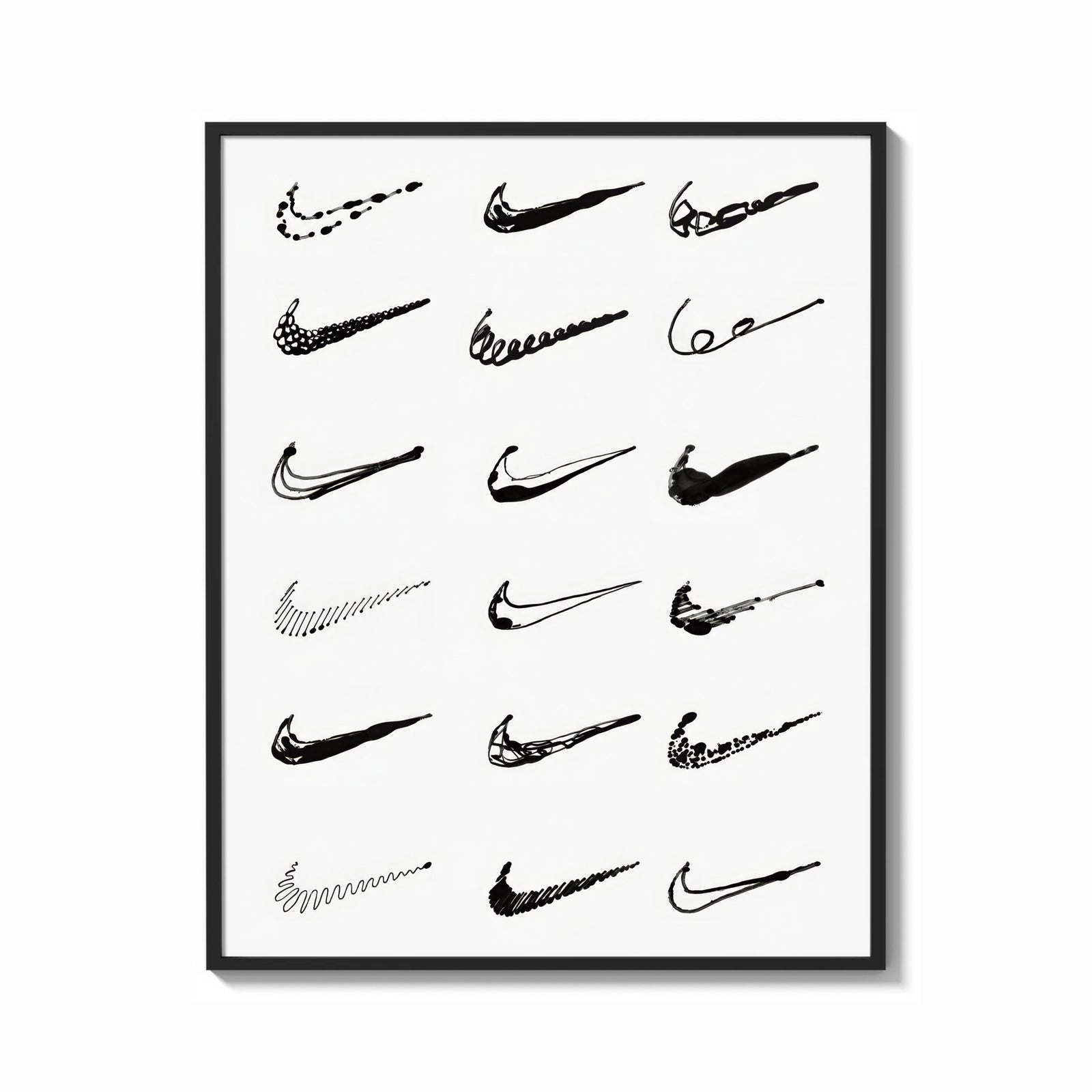 Framed Nike Swoosh Hand-Drawn Sketch framed poster print shown as a bold statement piece on a clean gallery wall