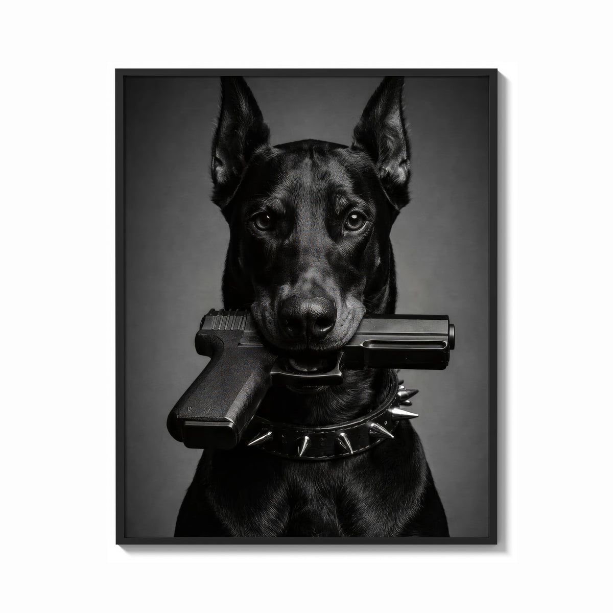 Framed Doberman Pistol Spiked Collar print shown as a bold statement piece on a clean gallery wall