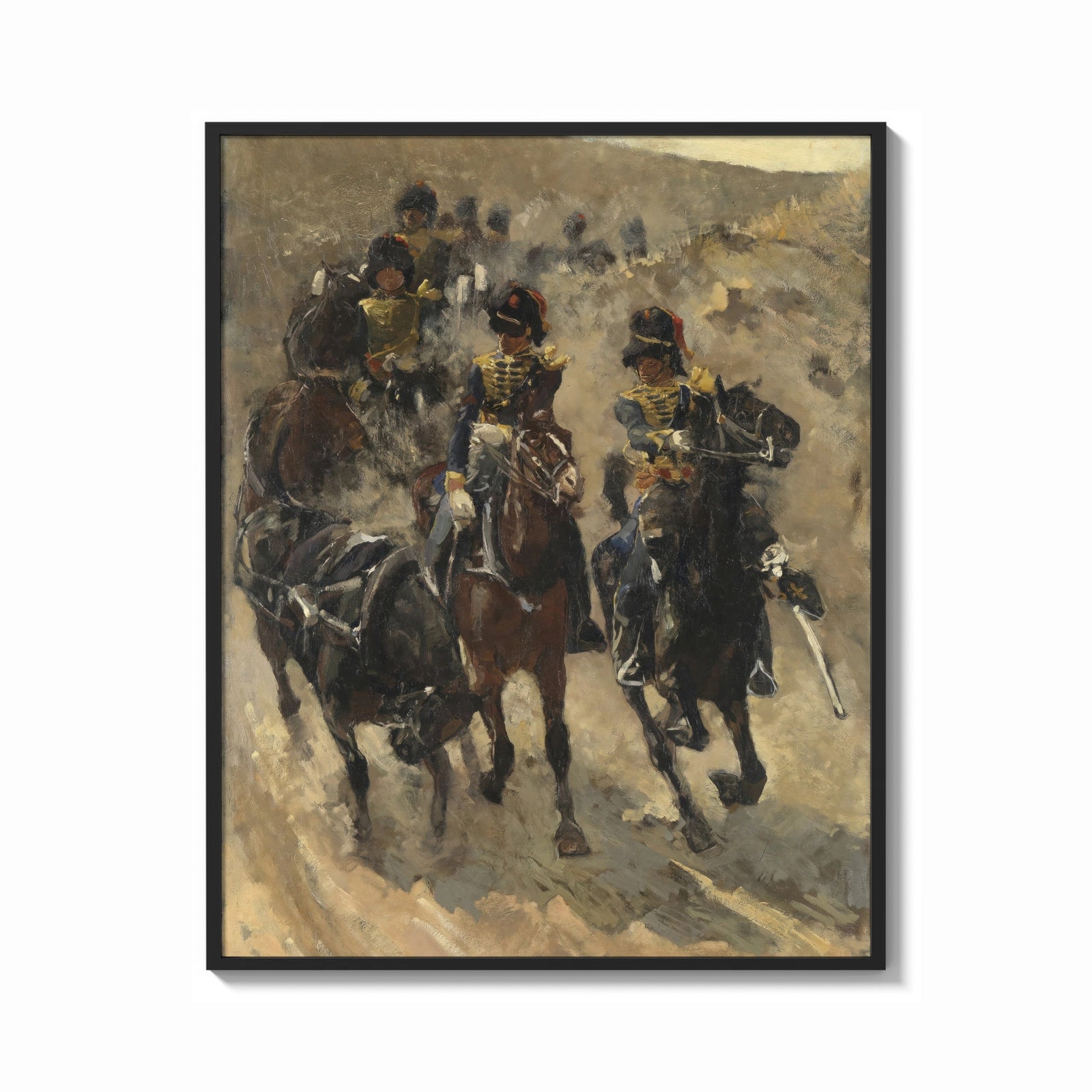 Framed cavalry soldiers on horseback vintage art print print shown as a bold statement piece on a clean gallery wall