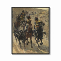 Framed cavalry soldiers on horseback vintage art print print shown as a bold statement piece on a clean gallery wall