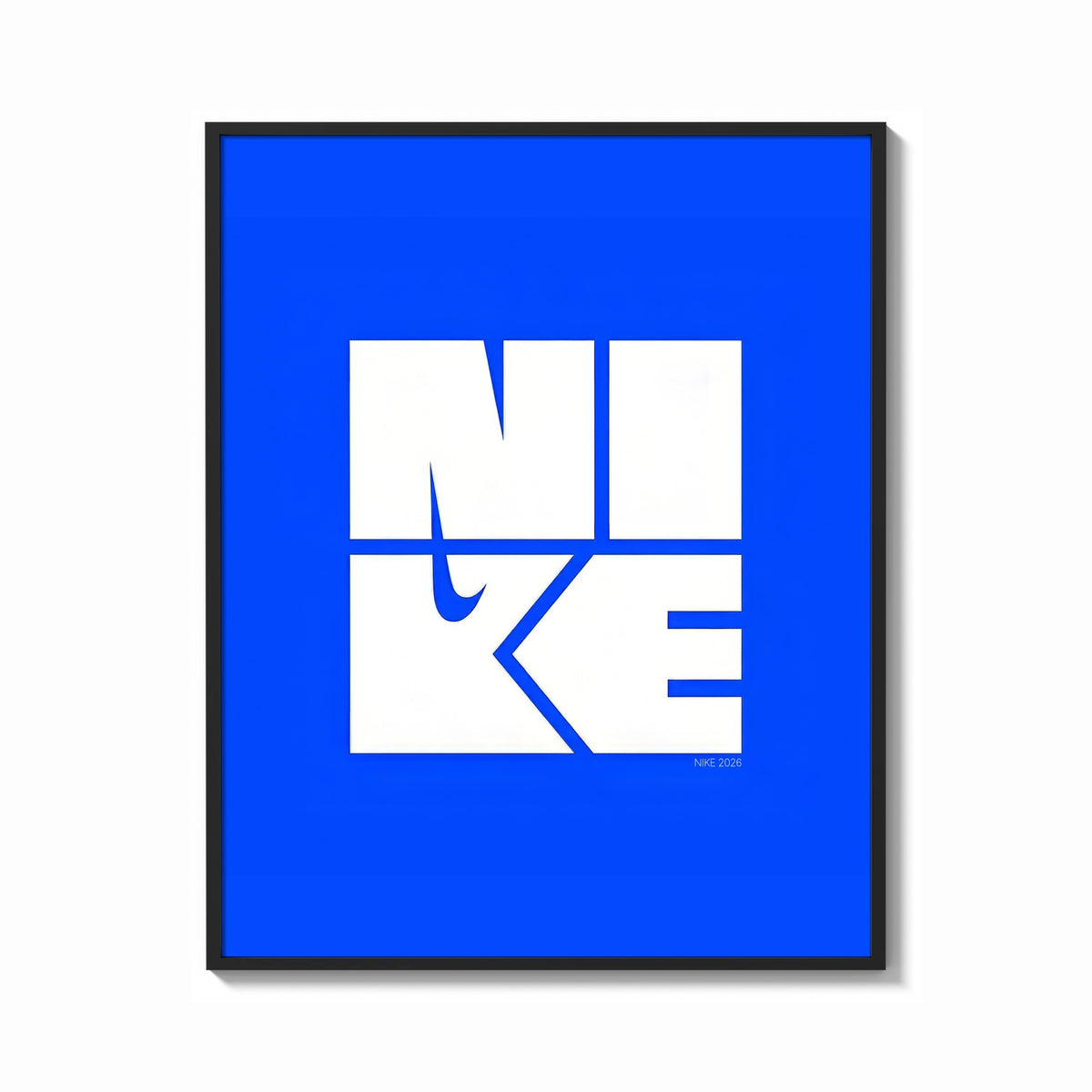 Framed Nike Blue Typographic Logo print shown as a bold statement piece on a clean gallery wall