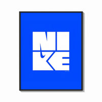 Framed Nike Blue Typographic Logo print shown as a bold statement piece on a clean gallery wall