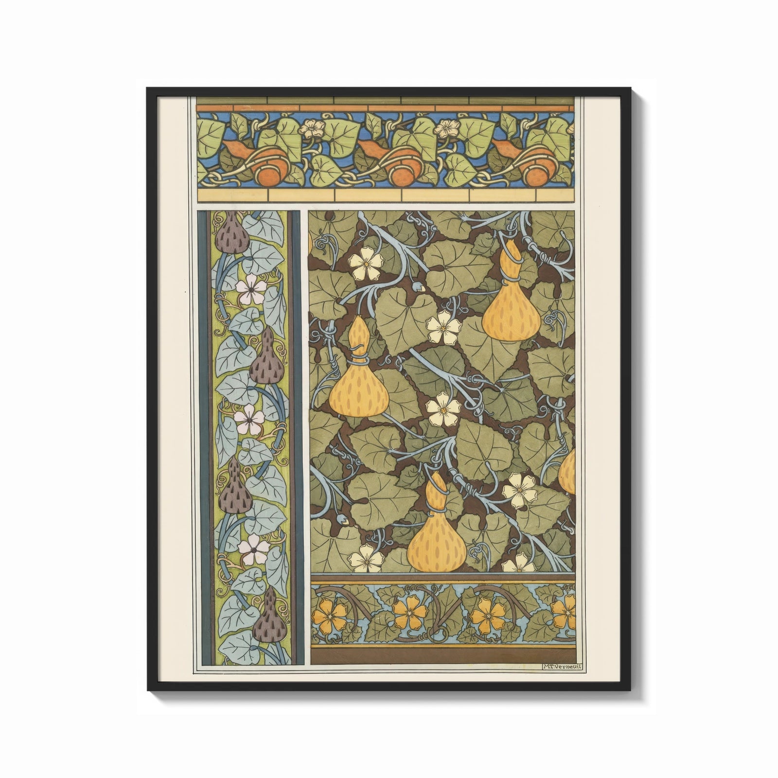 Framed Art Nouveau botanical pattern with gourds and flowers vintage art print print shown as a bold statement piece on a…