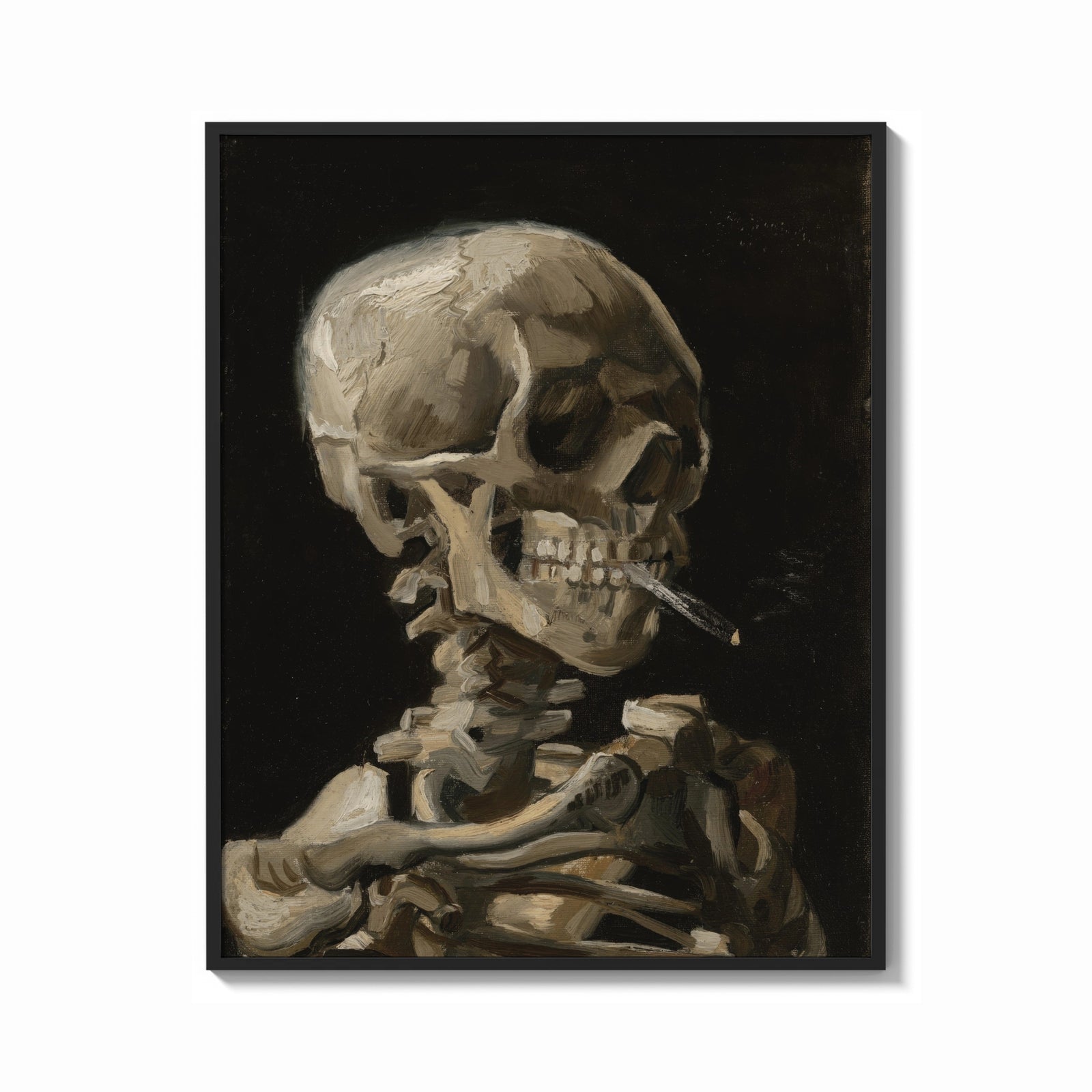 Framed skeleton smoking a cigarette vintage art print print shown as a bold statement piece on a clean gallery wall