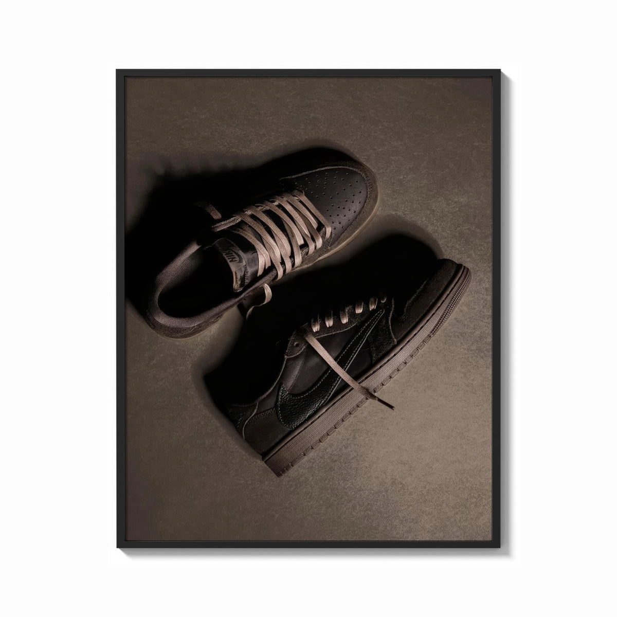 Framed Air Jordan 1 x Travis Scott Velvet Brown Mocha print shown as a bold statement piece on a clean gallery wall