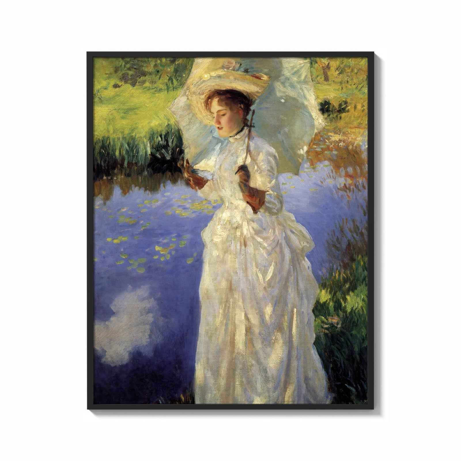 Framed woman with a parasol beside a lily pond vintage art print print shown as a bold statement piece on a clean gallery…