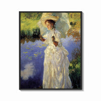 Framed woman with a parasol beside a lily pond vintage art print print shown as a bold statement piece on a clean gallery…