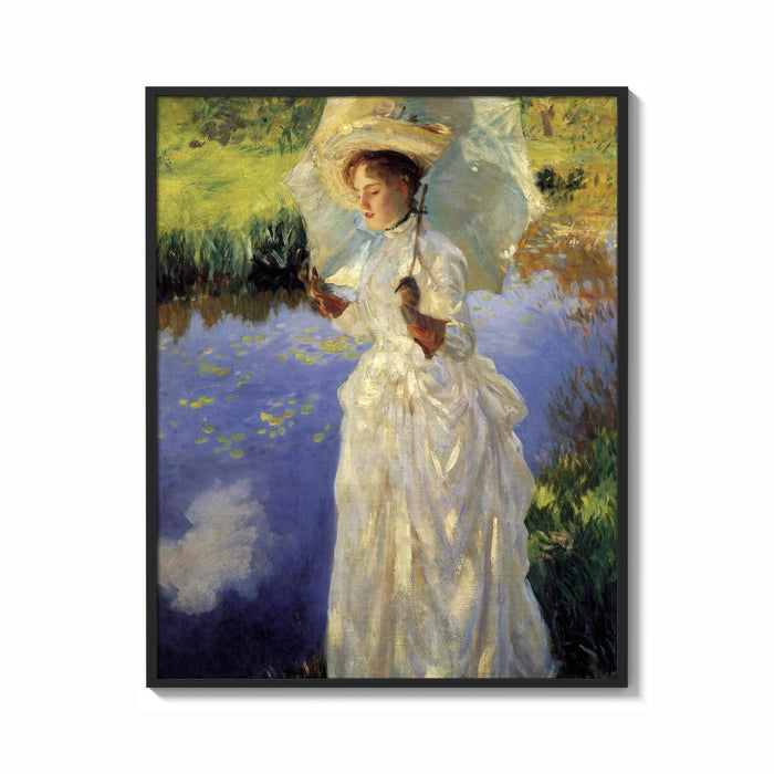 Framed woman with a parasol beside a lily pond vintage art print print shown as a bold statement piece on a clean gallery…