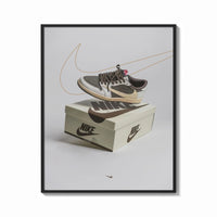 Framed Air Jordan 1 Travis Scott Reverse Mocha print shown as a bold statement piece on a clean gallery wall