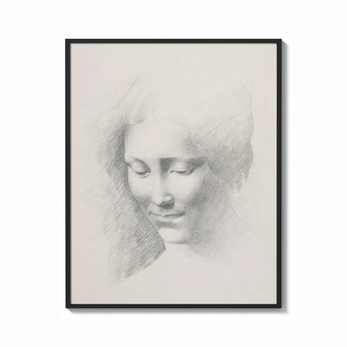 Framed female face portrait study vintage art print print shown as a bold statement piece on a clean gallery wall