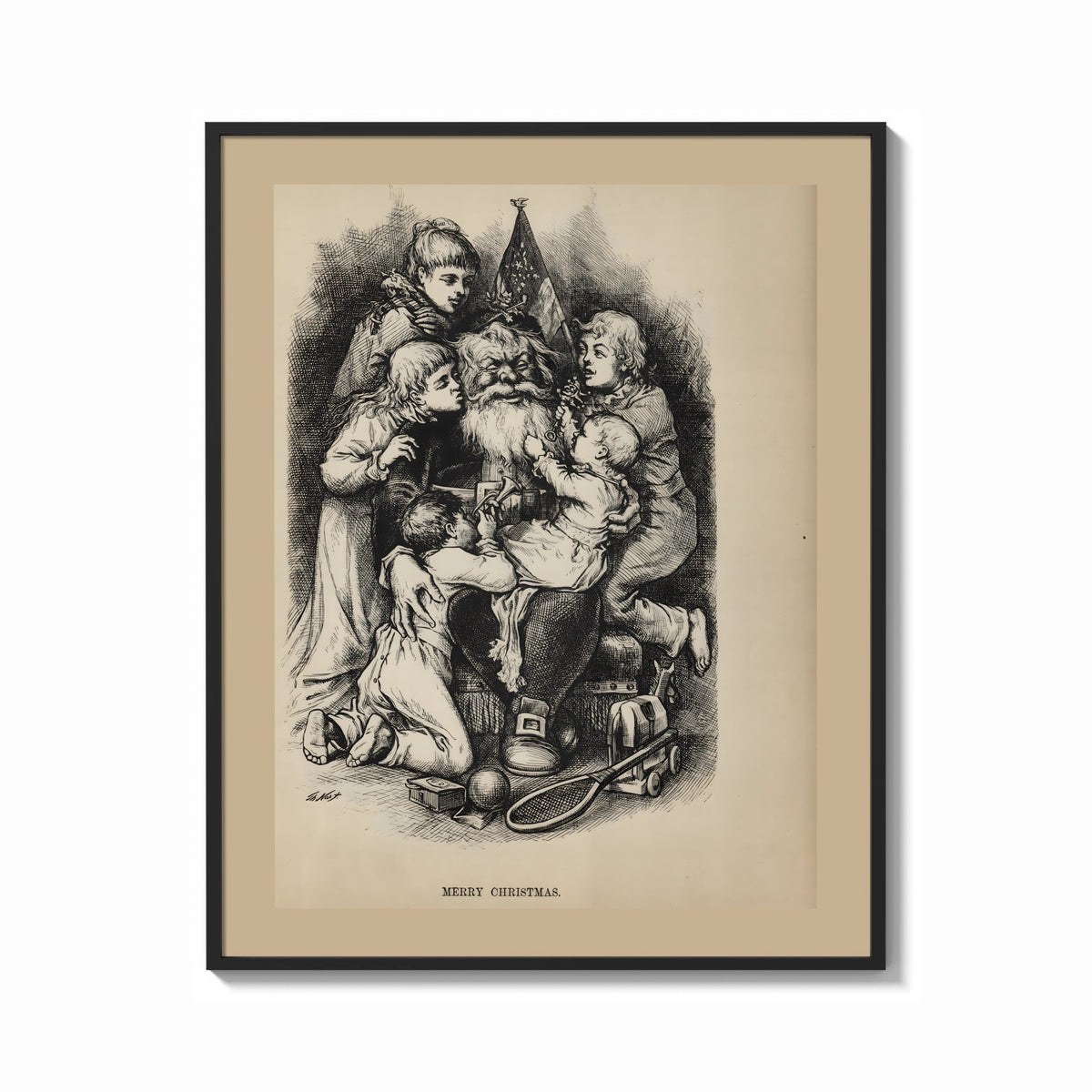 Framed Thomas Nast Santa with Children print shown as a bold statement piece on a clean gallery wall