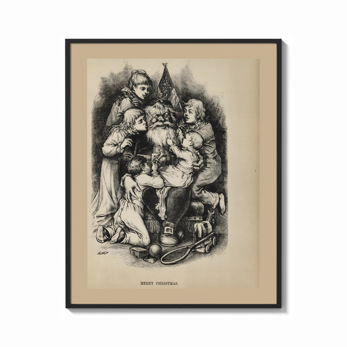 Framed Thomas Nast Santa with Children print shown as a bold statement piece on a clean gallery wall