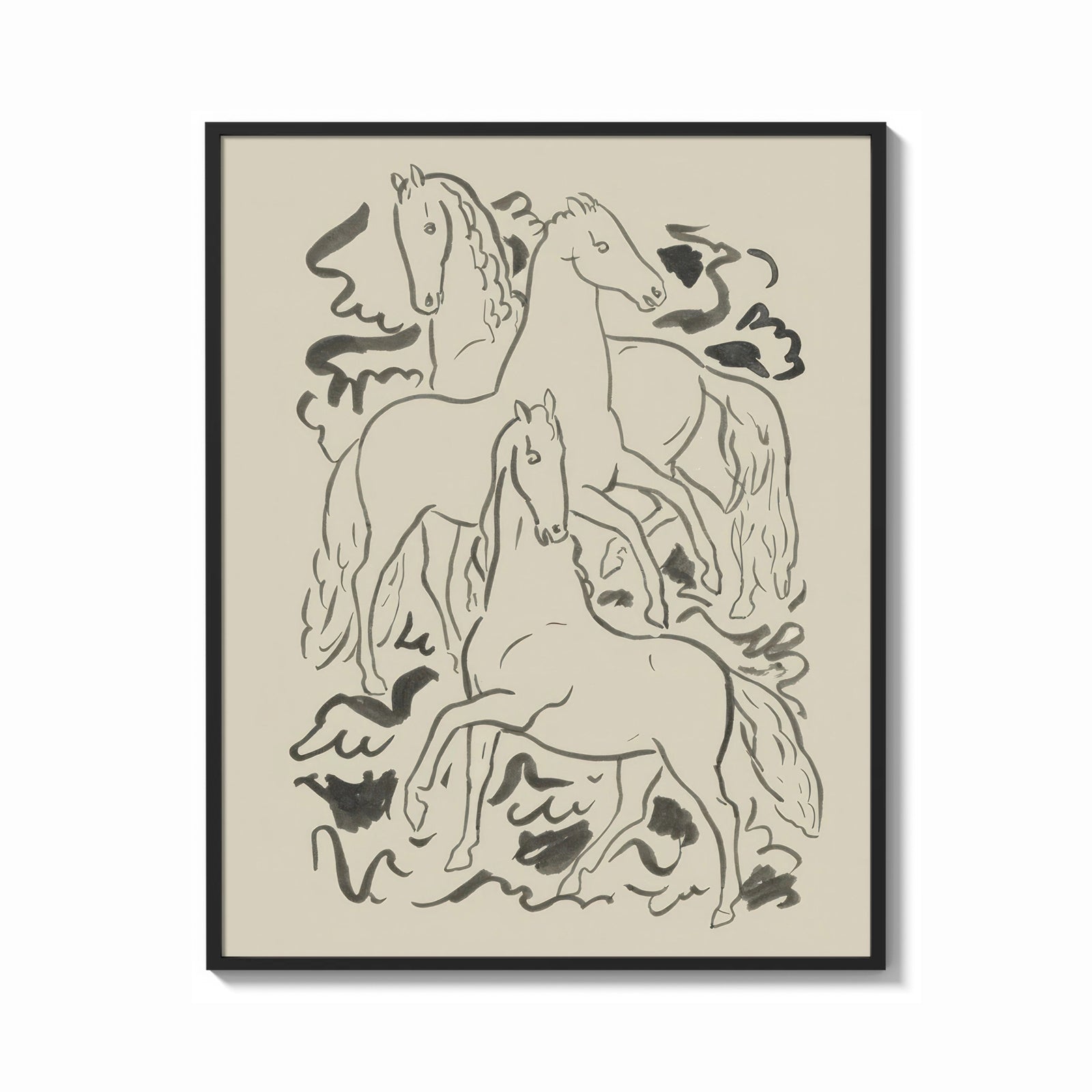 Framed three horses vintage art print print shown as a bold statement piece on a clean gallery wall