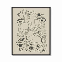 Framed three horses vintage art print print shown as a bold statement piece on a clean gallery wall