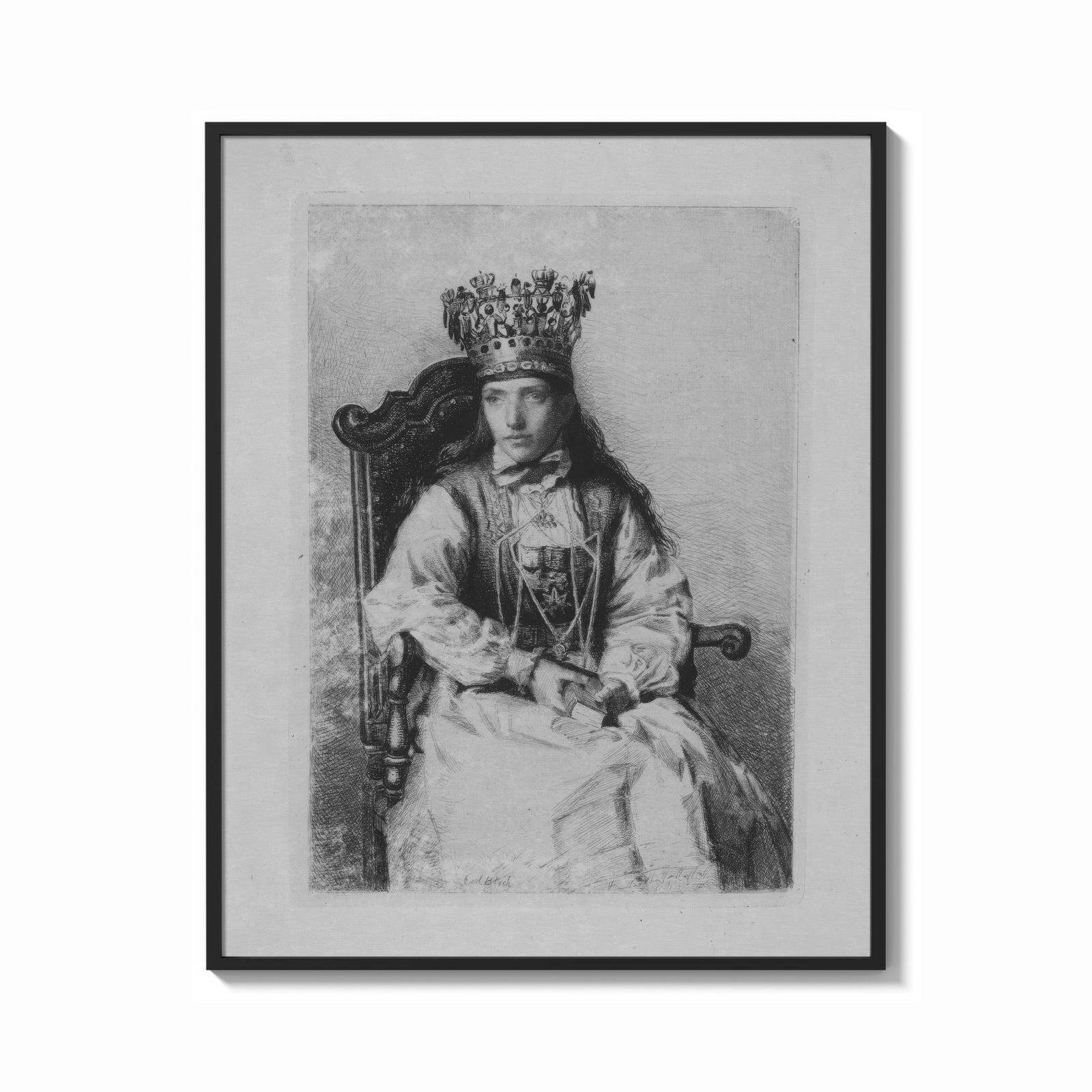 Framed crowned queen seated portrait vintage art print print shown as a bold statement piece on a clean gallery wall