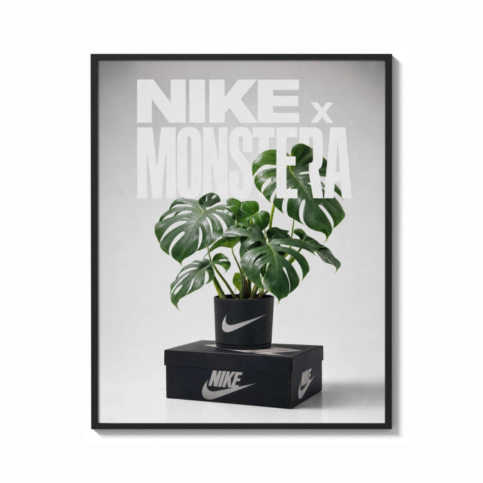 Framed Nike Monstera Sneaker framed poster print shown as a bold statement piece on a clean gallery wall