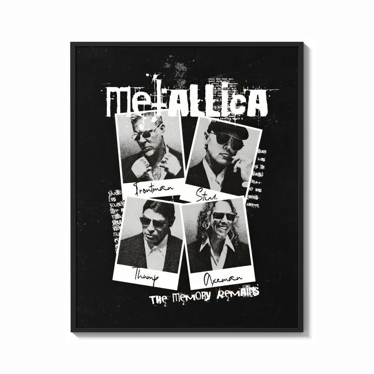 Framed Metallica The Memory Remains Band Collage print shown as a bold statement piece on a clean gallery wall