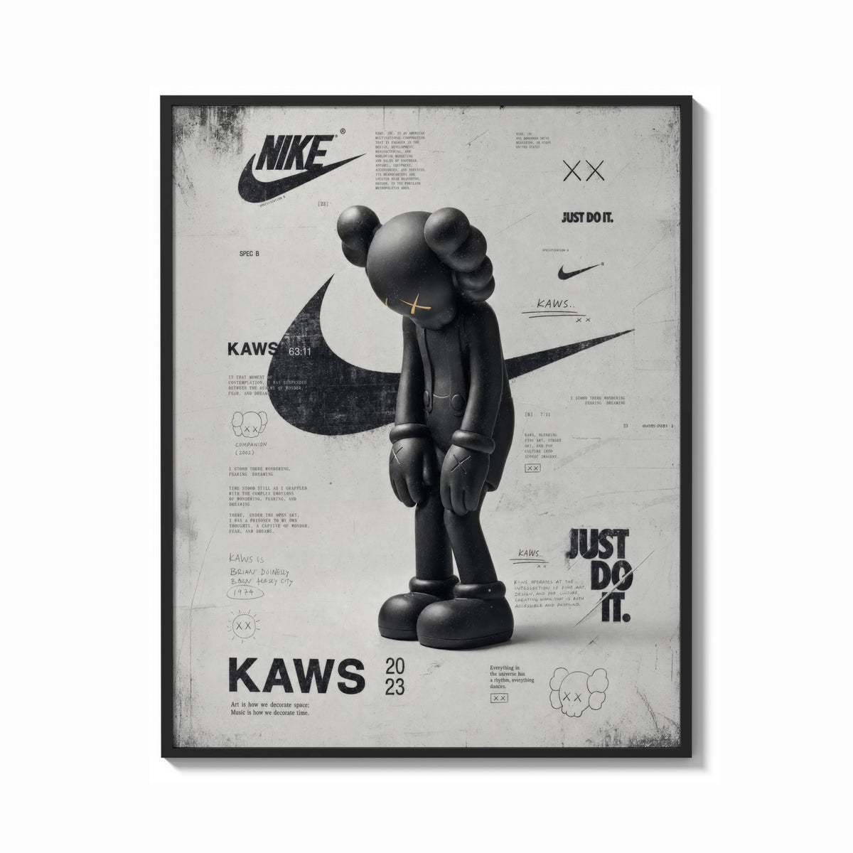 Framed KAWS Companion Nike Swoosh print shown as a bold statement piece on a clean gallery wall