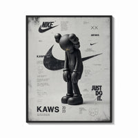 Framed KAWS Companion Nike Swoosh print shown as a bold statement piece on a clean gallery wall