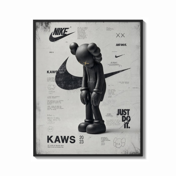 Framed KAWS Companion Nike Swoosh print shown as a bold statement piece on a clean gallery wall