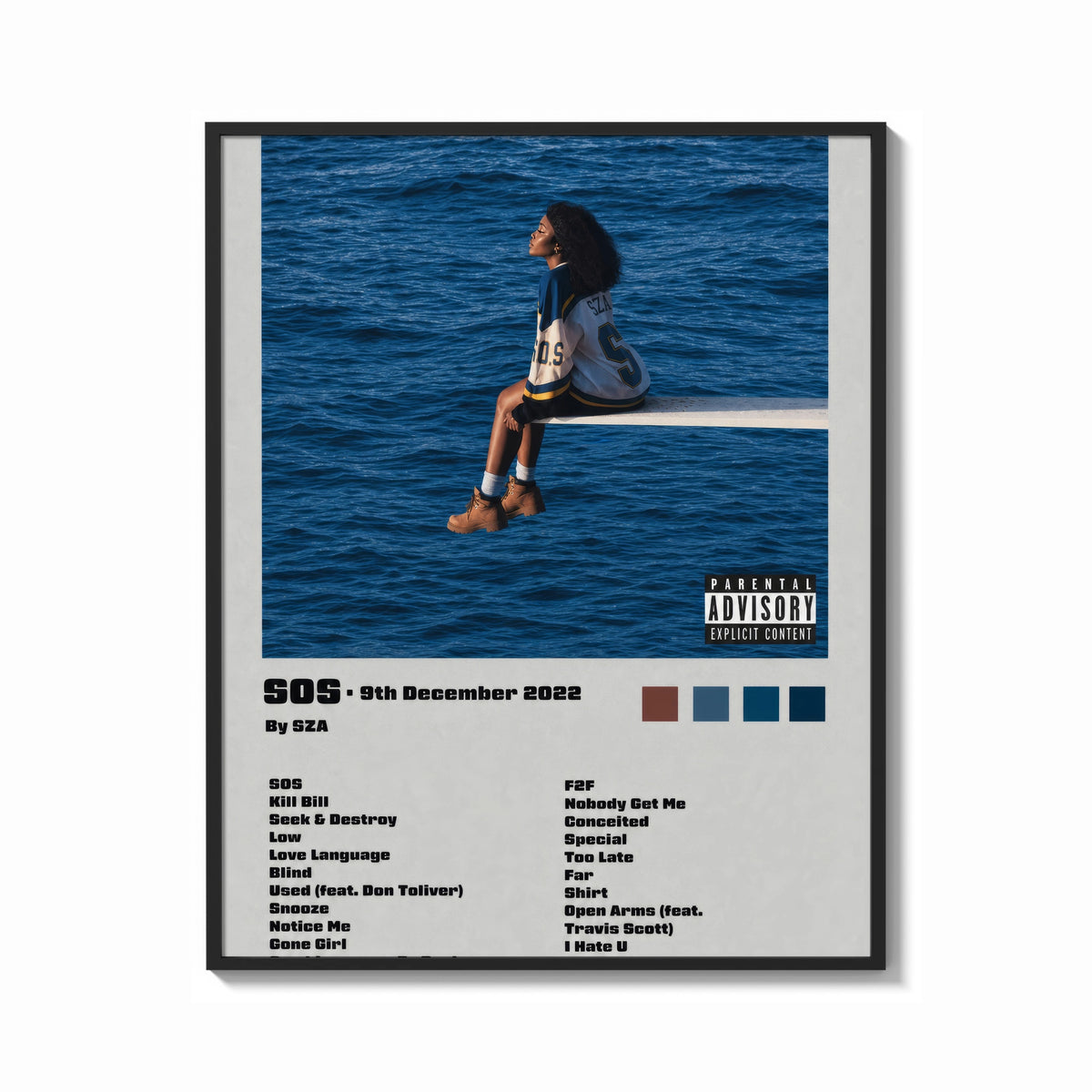 Framed SZA SOS Album Tracklist print shown as a bold statement piece on a clean gallery wall