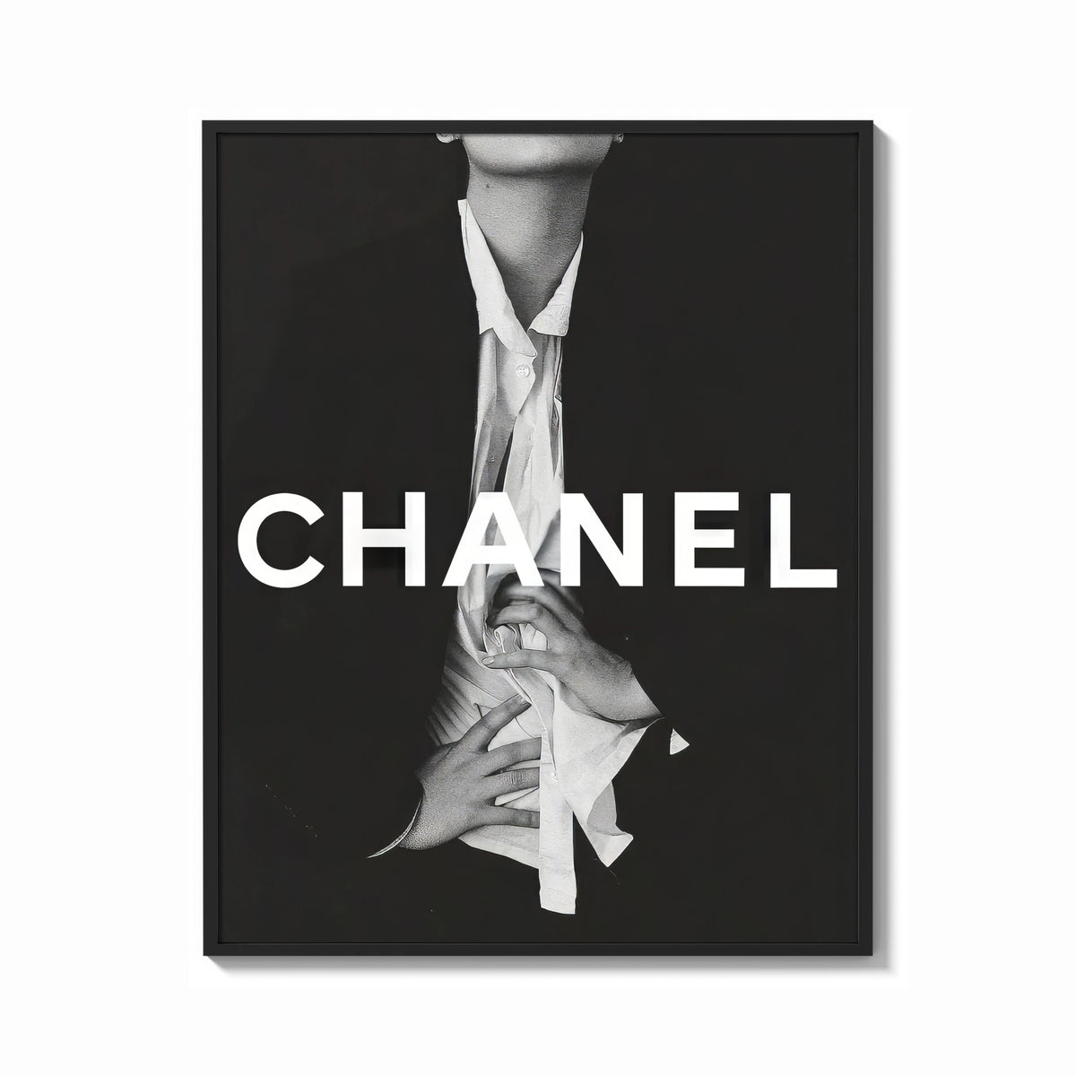 Framed Chanel Black & White Luxury print shown as a bold statement piece on a clean gallery wall