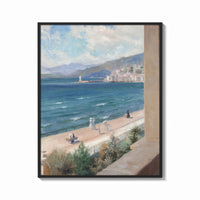Framed Mediterranean coastal promenade seen from balcony vintage art print print shown as a bold statement piece on a…