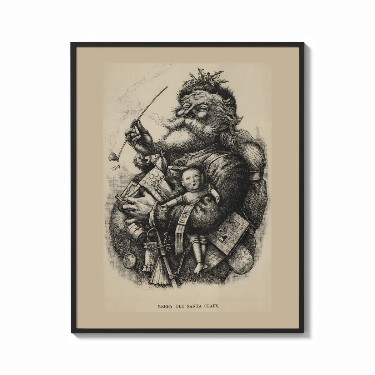 Framed Thomas Nast Merry Old Santa Claus print shown as a bold statement piece on a clean gallery wall