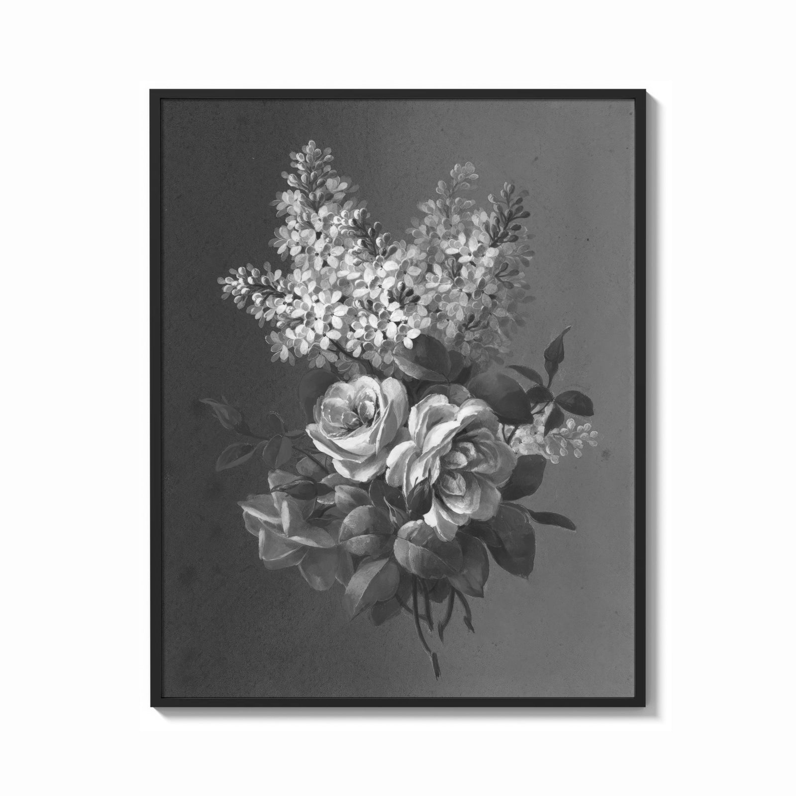 Framed white lilac and roses bouquet vintage art print print shown as a bold statement piece on a clean gallery wall