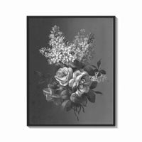 Framed white lilac and roses bouquet vintage art print print shown as a bold statement piece on a clean gallery wall