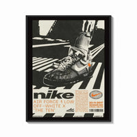 Framed White Off-White Nike Air Force 1 framed poster print shown as a bold statement piece on a clean gallery wall