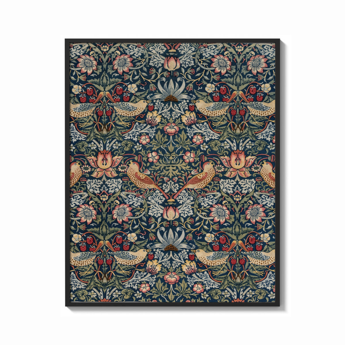 Framed William Morris Strawberry Thief print shown as a bold statement piece on a clean gallery wall