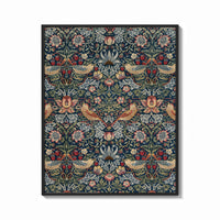 Framed William Morris Strawberry Thief print shown as a bold statement piece on a clean gallery wall