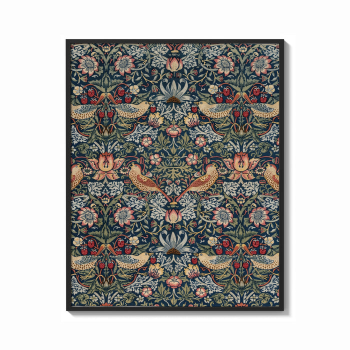 Framed William Morris Strawberry Thief print shown as a bold statement piece on a clean gallery wall