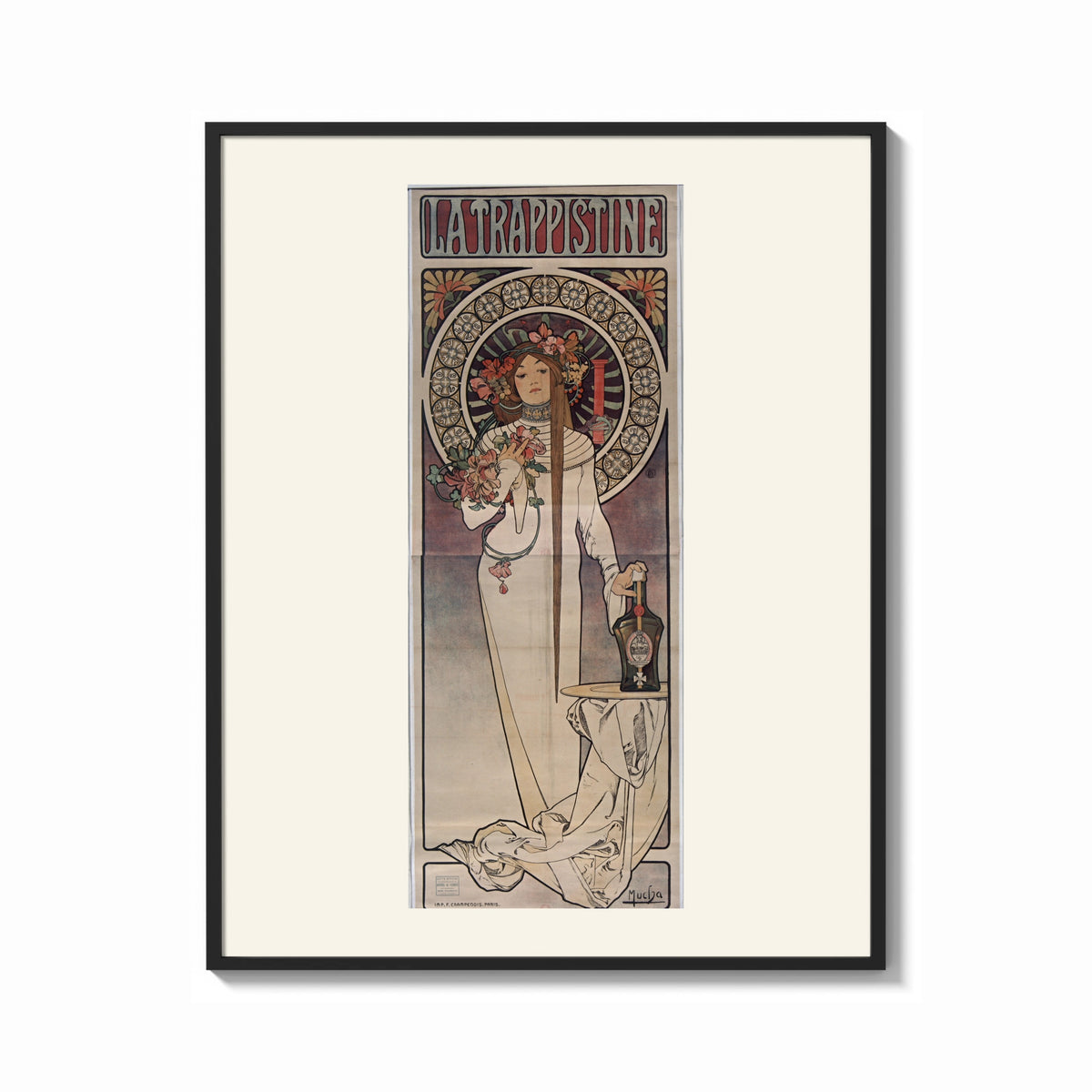 Framed Mucha La Trappistine print shown as a bold statement piece on a clean gallery wall