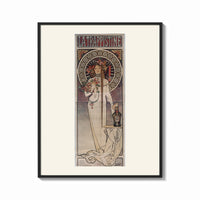 Framed Mucha La Trappistine print shown as a bold statement piece on a clean gallery wall