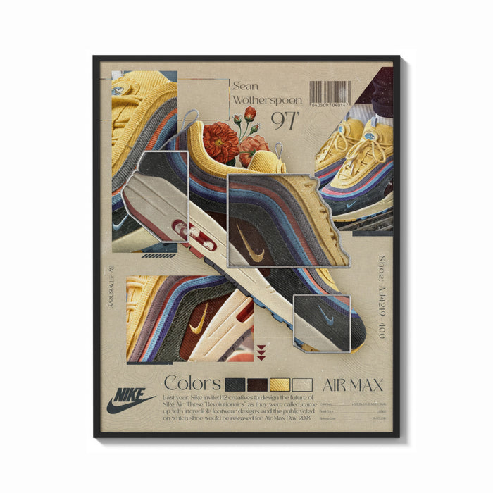 Framed Nike Air Max 1/97 Sean Wotherspoon print shown as a bold statement piece on a clean gallery wall