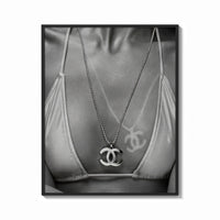 Framed Chanel CC Necklace Black & White framed poster print shown as a bold statement piece on a clean gallery wall