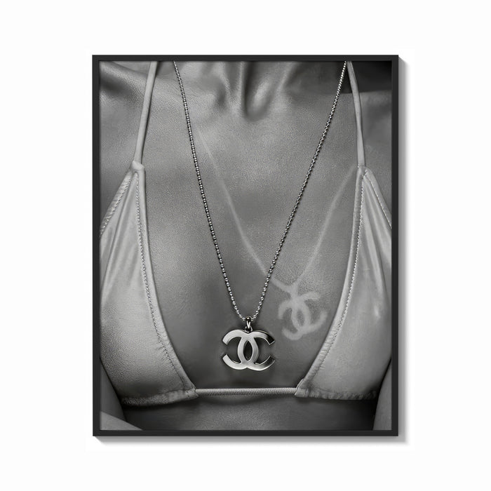 Framed Chanel CC Necklace Black & White framed poster print shown as a bold statement piece on a clean gallery wall