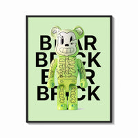 Framed Green Glow Skeleton Bearbrick print shown as a bold statement piece on a clean gallery wall